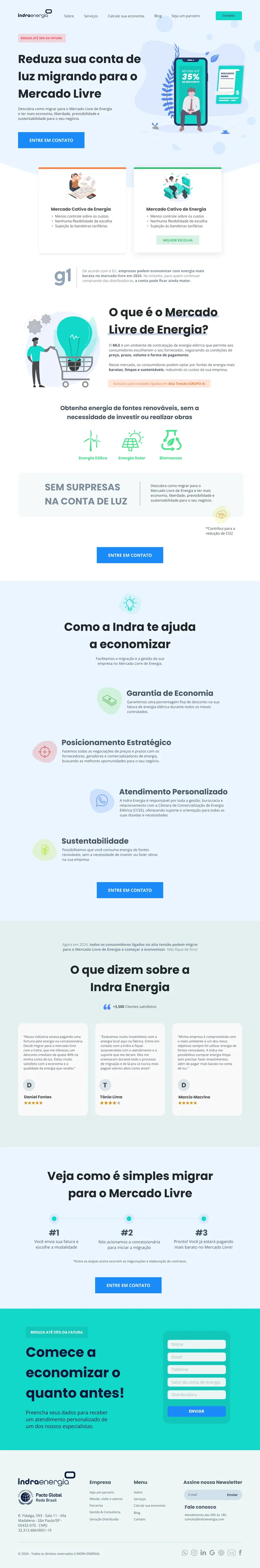 Página do site Indra Energia, criado pela Terra Studio